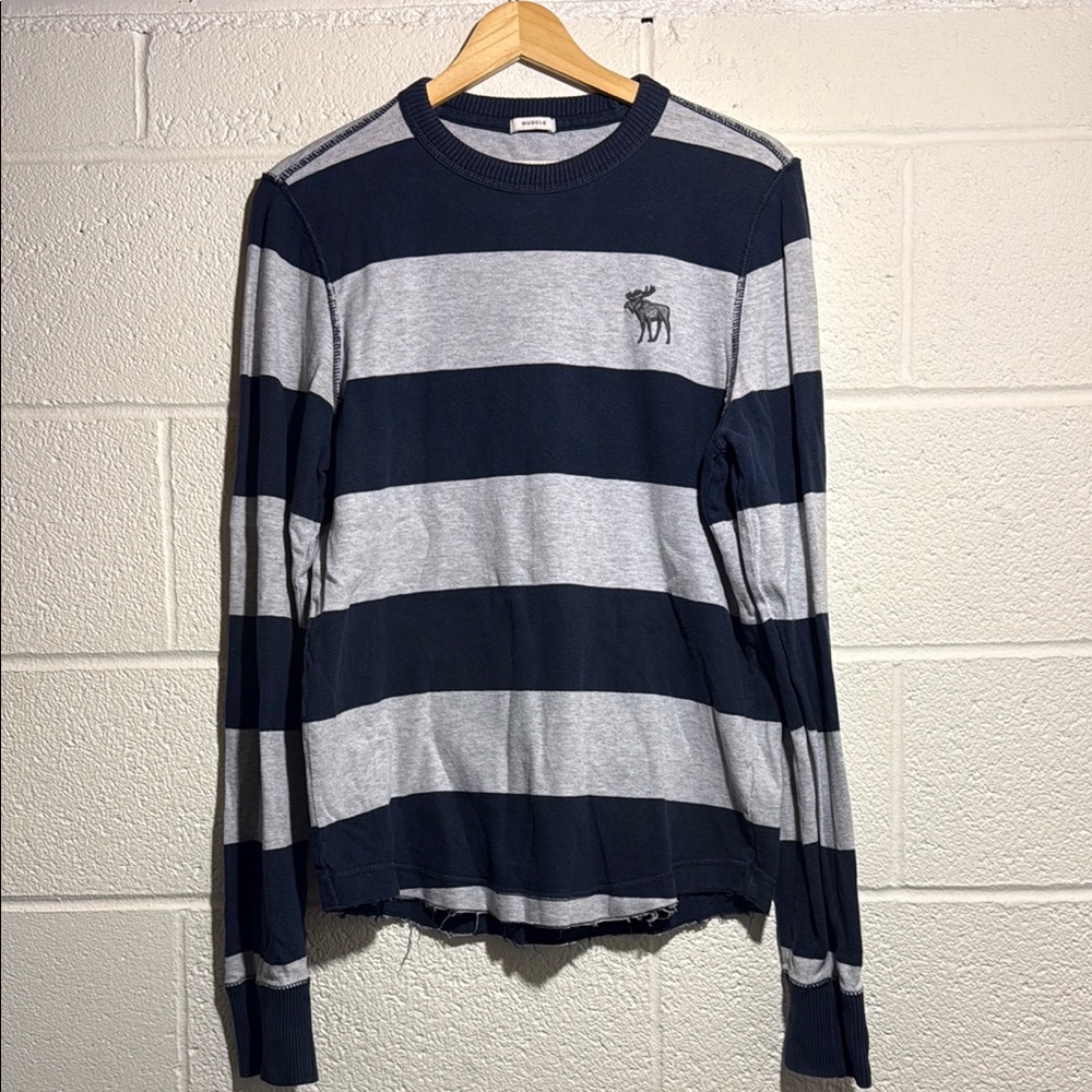 Abercrombie & Fitch Muscle 100% Cotton Navy & Gray Striped Heavyweight Shirt MED